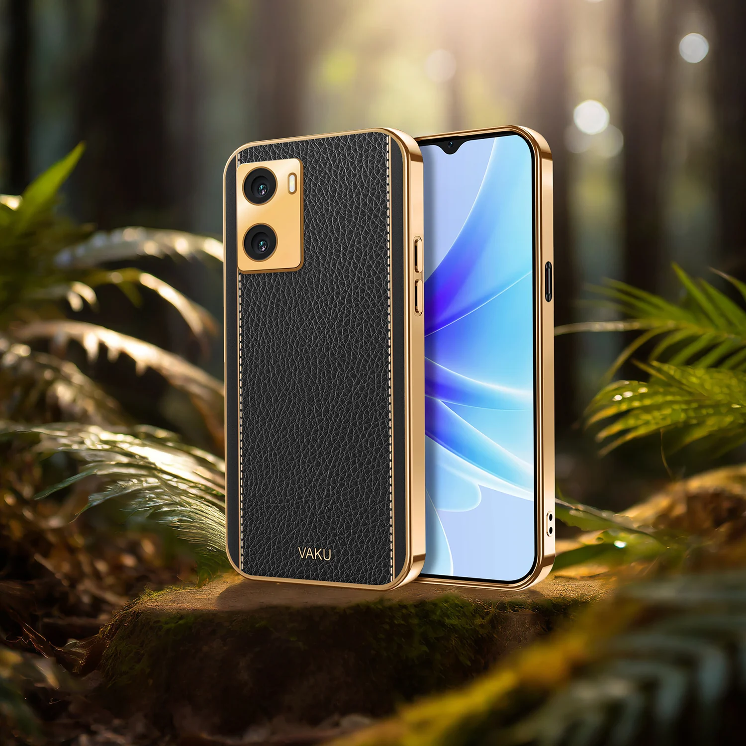 Vaku® Oppo A77 4G Luxemberg Series Leather Stitched Gold Electroplated Soft TPU Back Cover - Image 10