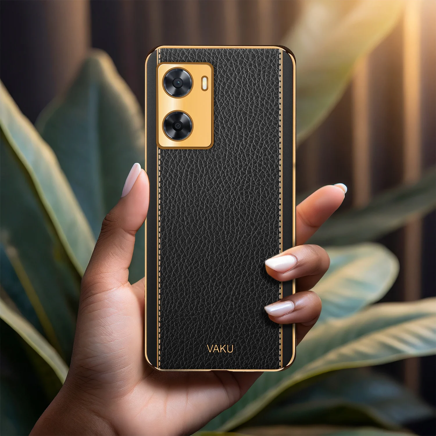 Vaku® Oppo A77 4G Luxemberg Series Leather Stitched Gold Electroplated Soft TPU Back Cover - Image 11