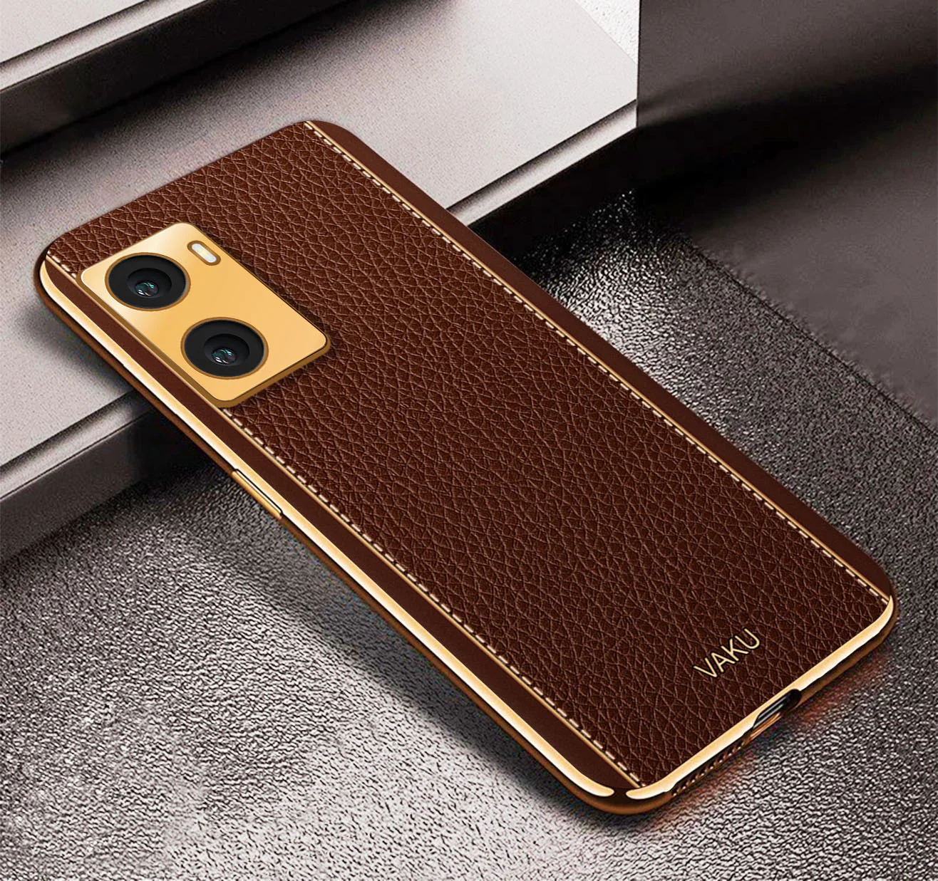 Vaku® Oppo A77 4G Luxemberg Series Leather Stitched Gold Electroplated Soft TPU Back Cover - Image 12