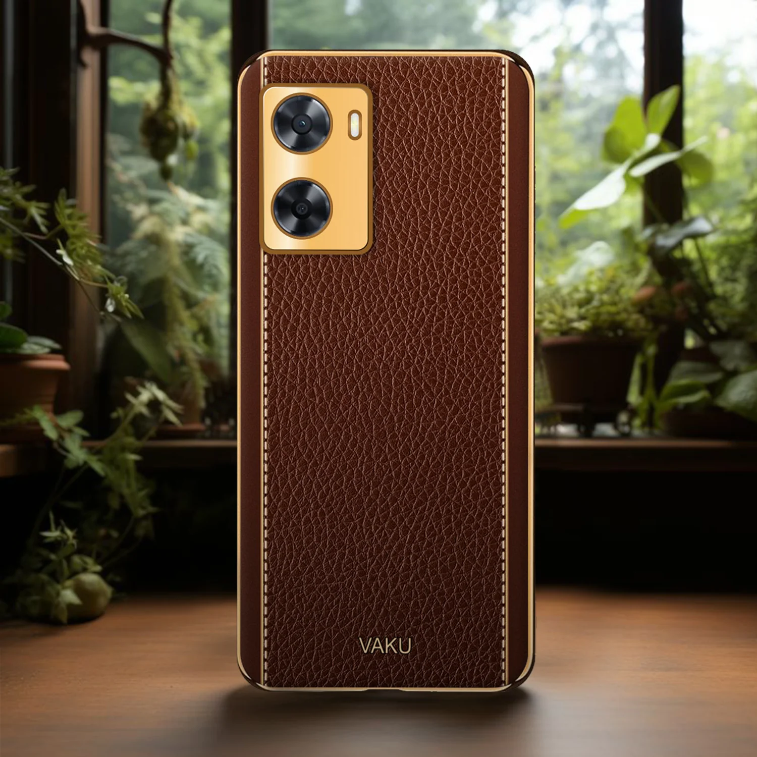 Vaku® Oppo A77 4G Luxemberg Series Leather Stitched Gold Electroplated Soft TPU Back Cover - Image 17