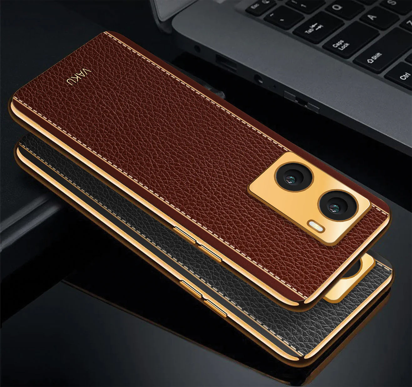Vaku® Oppo A77 4G Luxemberg Series Leather Stitched Gold Electroplated Soft TPU Back Cover - Image 3