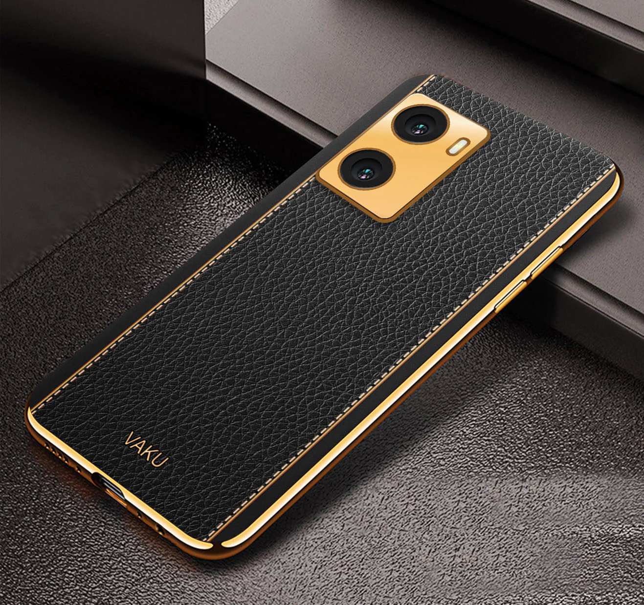 Vaku® Oppo A77 4G Luxemberg Series Leather Stitched Gold Electroplated Soft TPU Back Cover - Image 4