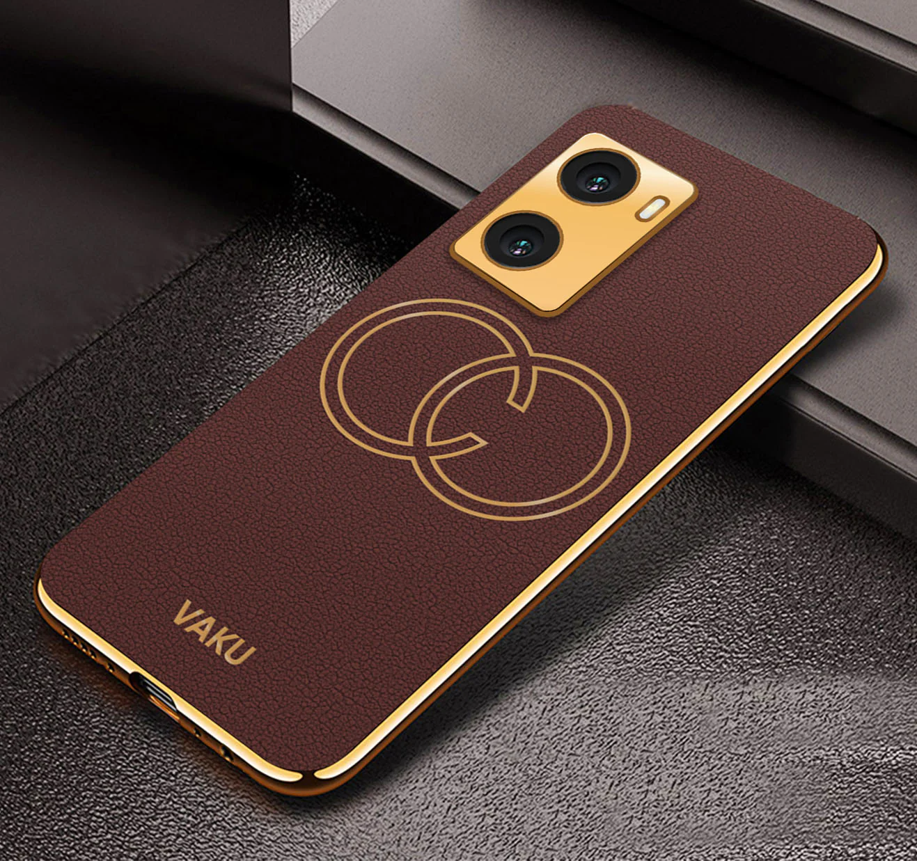Vaku® Oppo A77 4G Skylar Series Leather Stitched Gold Electroplated Soft TPU Back Cover - Image 3