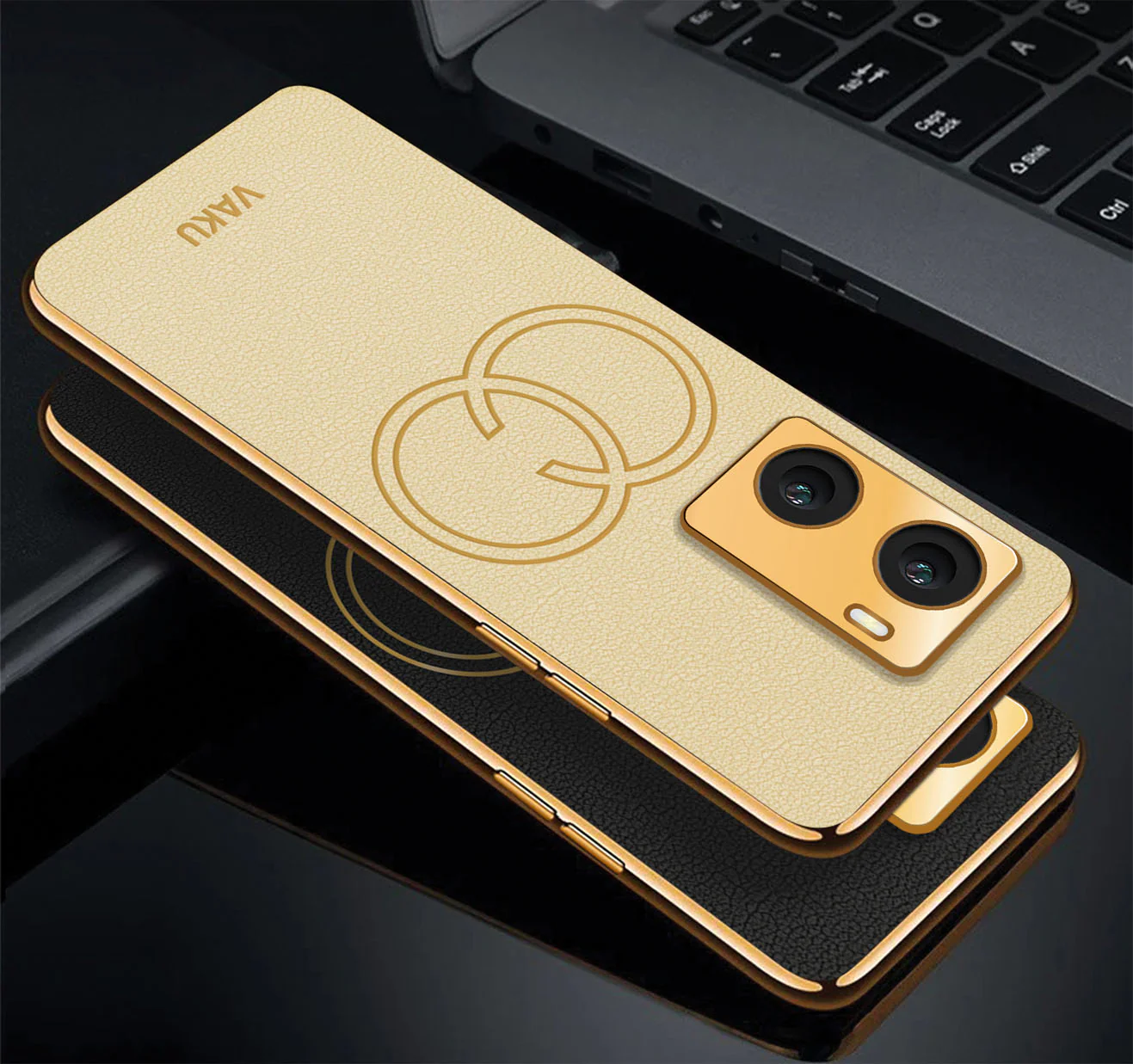 Vaku® Oppo A77 4G Skylar Series Leather Stitched Gold Electroplated Soft TPU Back Cover - Image 4