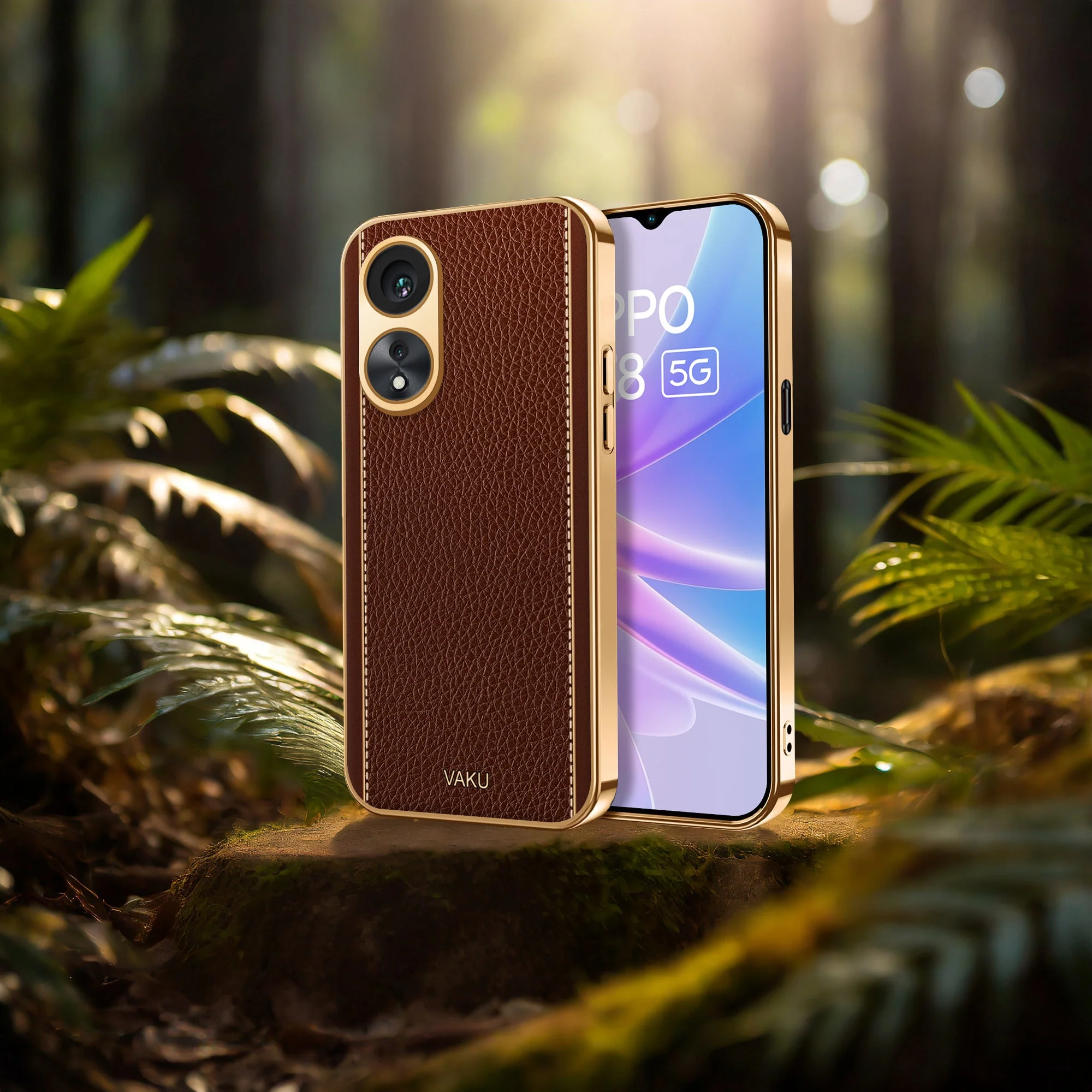 Vaku® Oppo A78 Luxemberg Series Leather Stitched Gold Electroplated Soft TPU Back Cover - Image 13