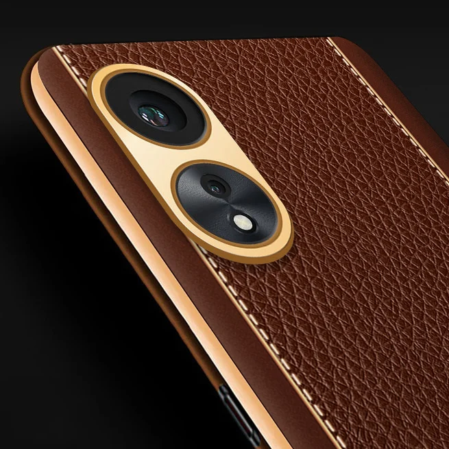 Vaku® Oppo A78 Luxemberg Series Leather Stitched Gold Electroplated Soft TPU Back Cover - Image 2