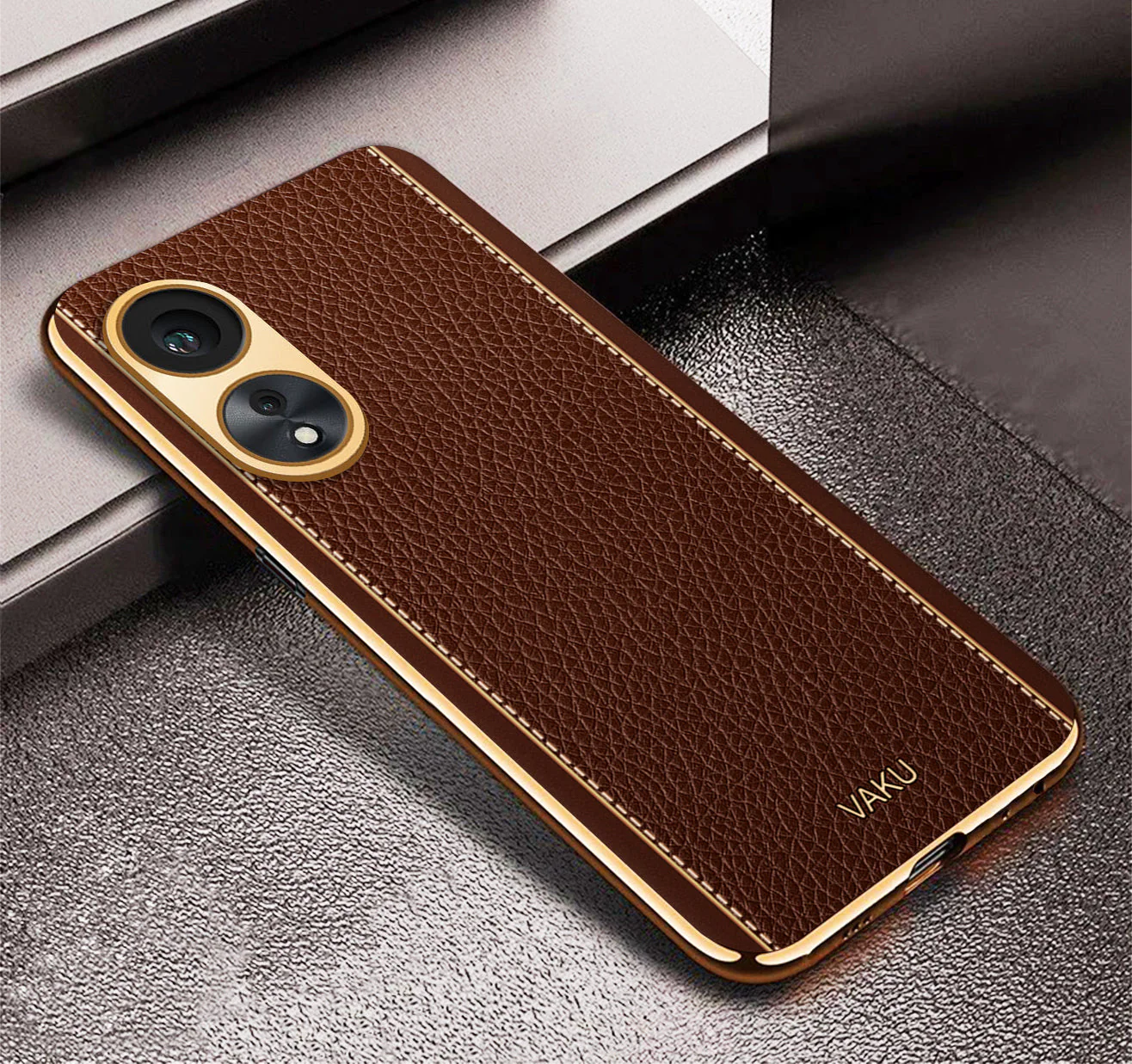 Vaku® Oppo A78 Luxemberg Series Leather Stitched Gold Electroplated Soft TPU Back Cover - Image 3