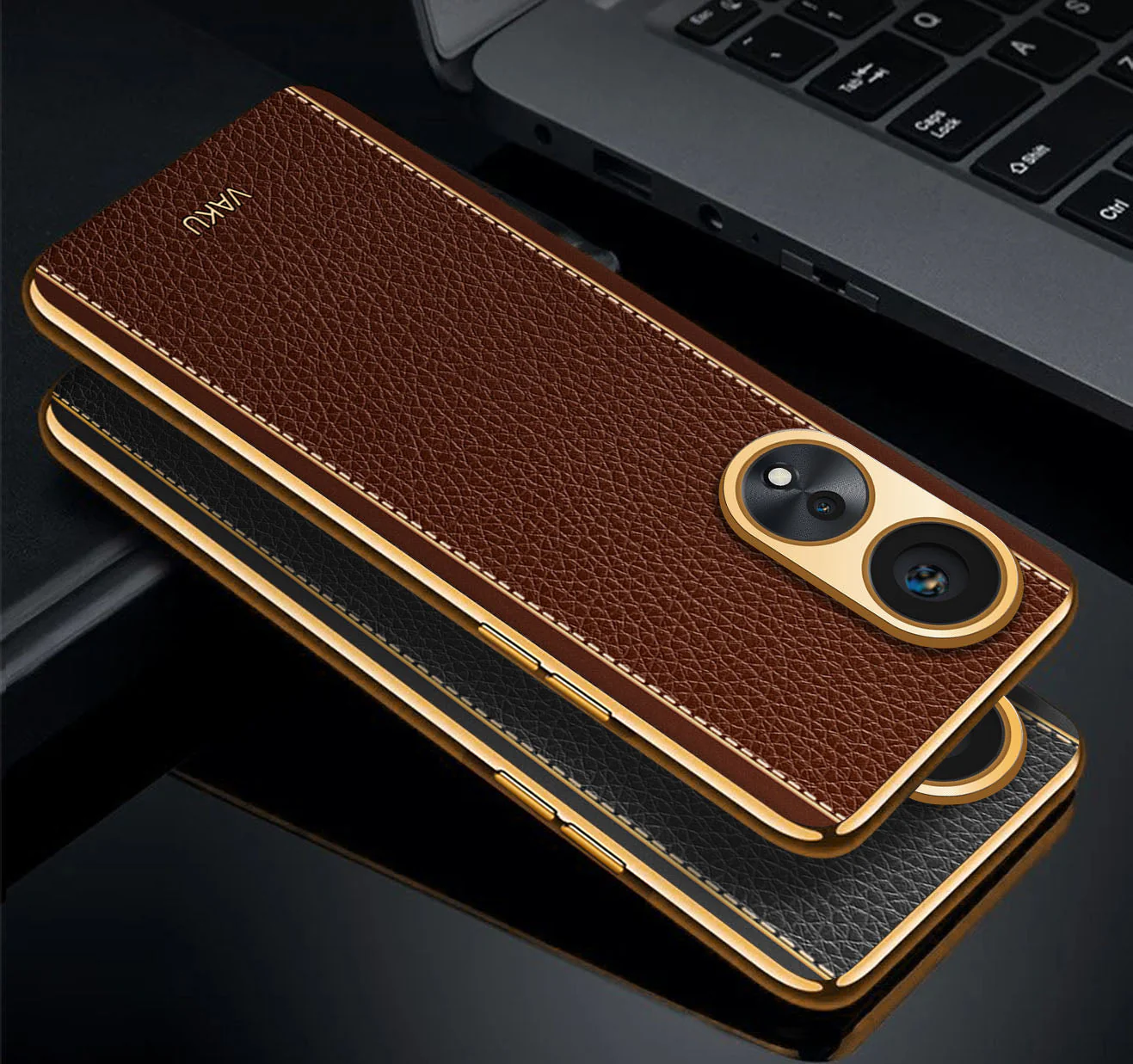 Vaku® Oppo A78 Luxemberg Series Leather Stitched Gold Electroplated Soft TPU Back Cover - Image 4