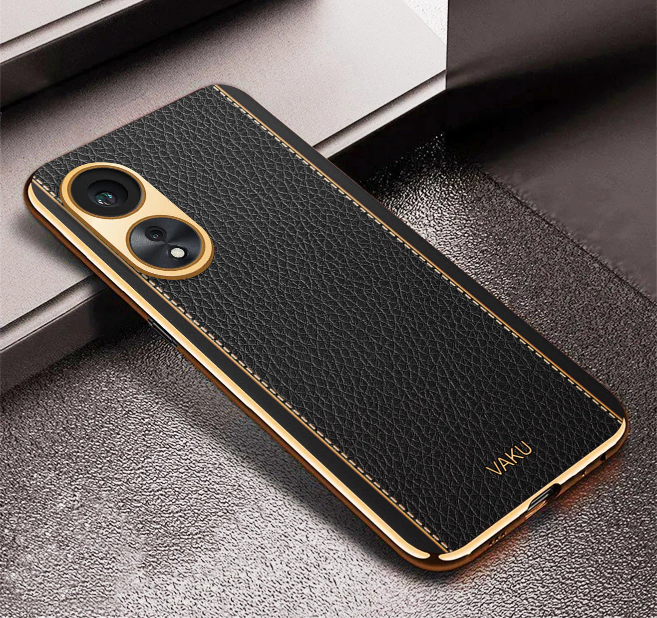 Vaku® Oppo A78 Luxemberg Series Leather Stitched Gold Electroplated Soft TPU Back Cover - Image 5