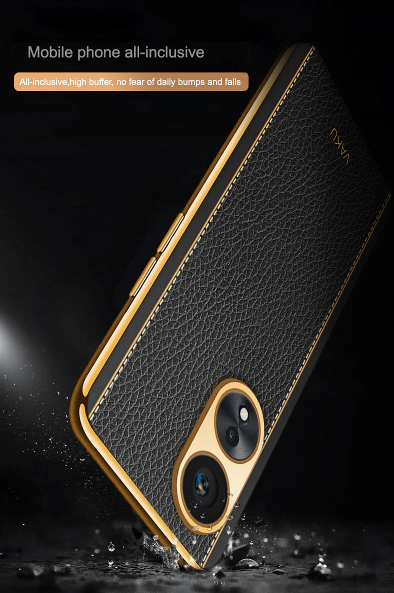 Vaku® Oppo A78 Luxemberg Series Leather Stitched Gold Electroplated Soft TPU Back Cover - Image 6