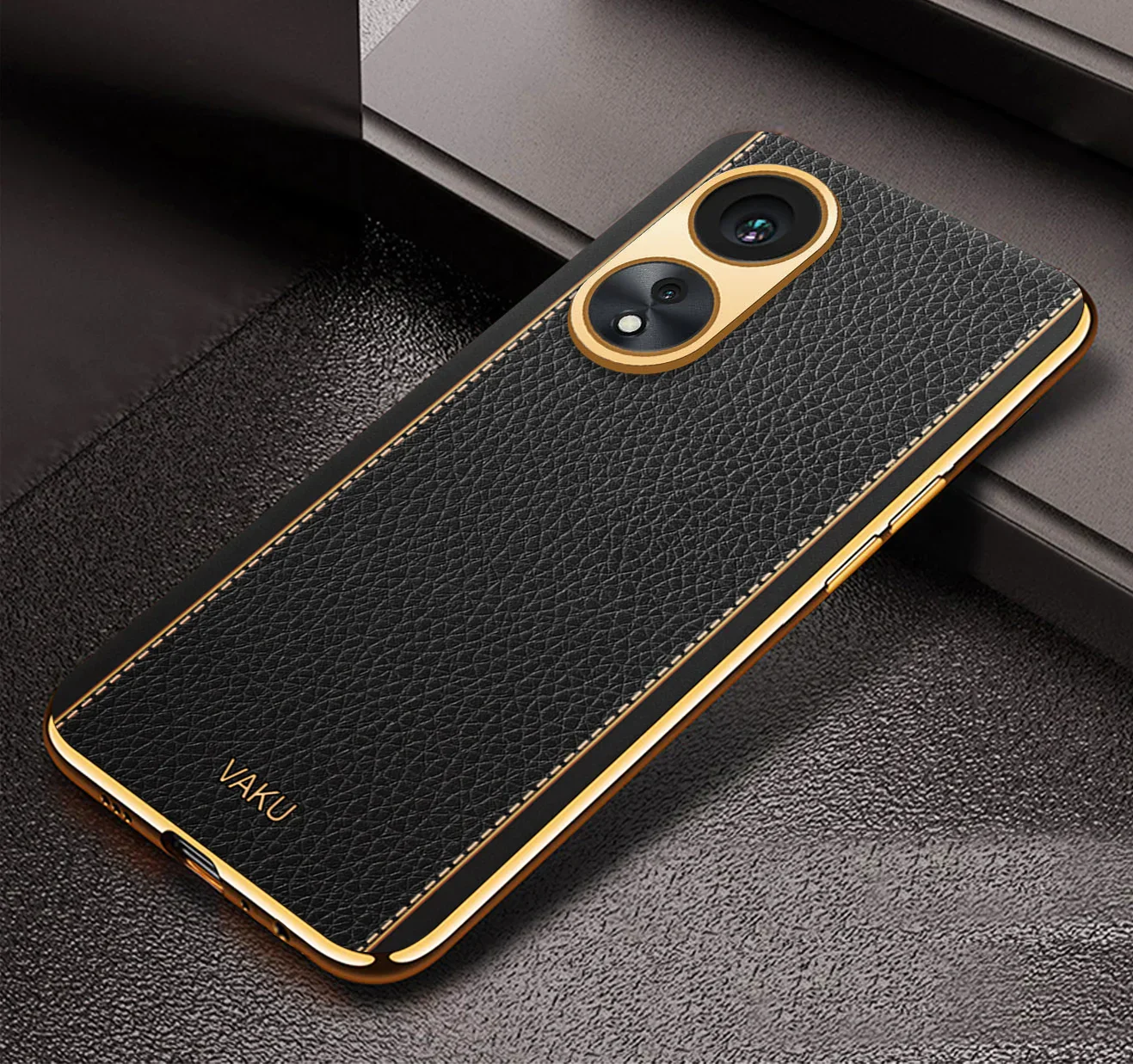 Vaku® Oppo A78 Luxemberg Series Leather Stitched Gold Electroplated Soft TPU Back Cover - Image 9