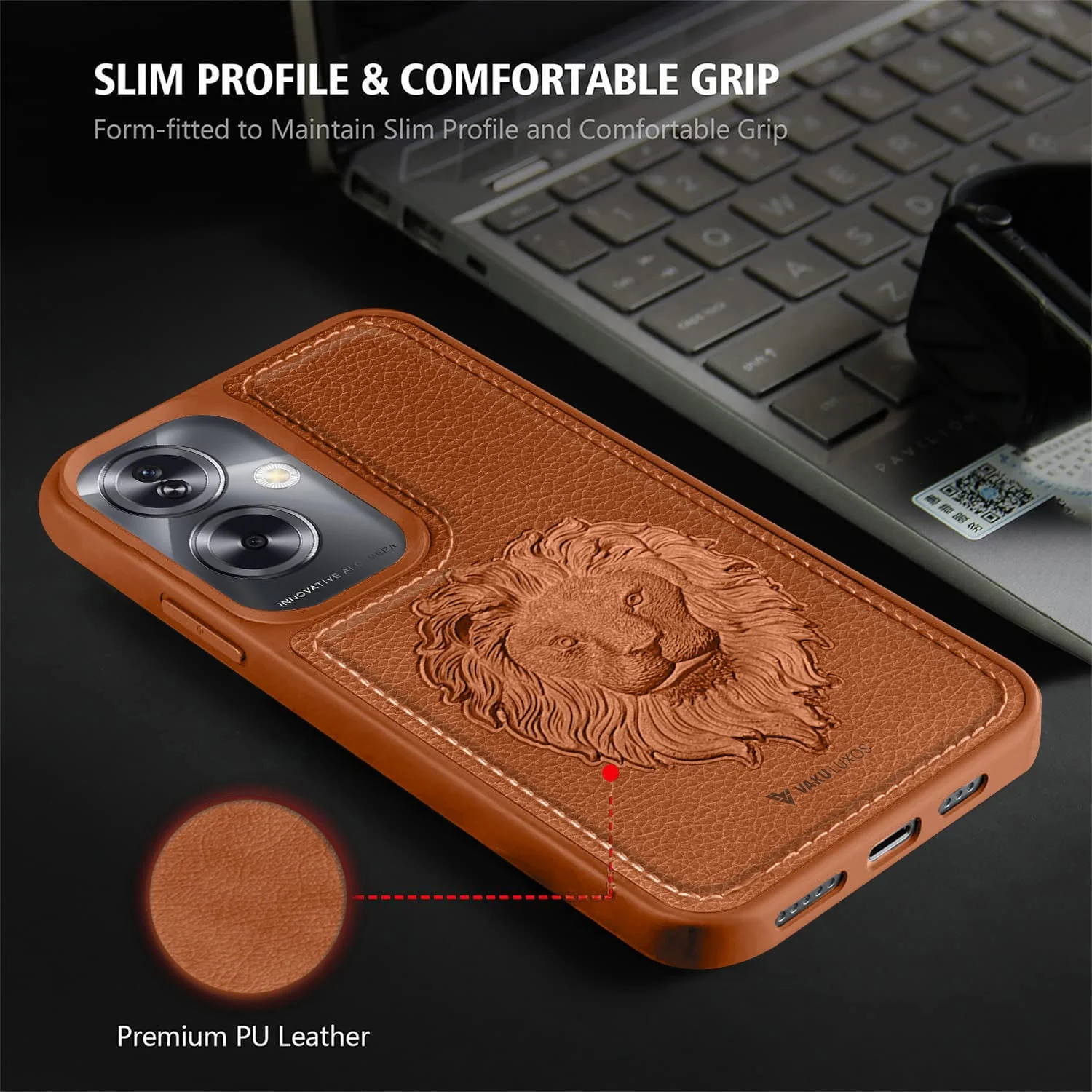 Vaku ® Oppo A79 5G Lion Embossed Luxury Designer Leather Back Cover - Image 3