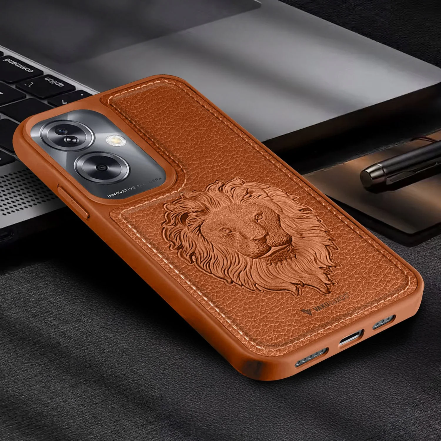 Vaku ® Oppo A79 5G Lion Embossed Luxury Designer Leather Back Cover - Image 9