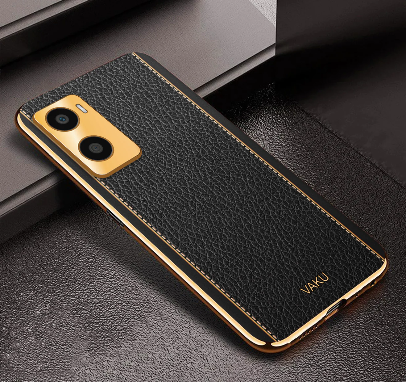 Vaku® Oppo A96 Luxemberg Series Leather Stitched Gold Electroplated Soft TPU Back Cover - Image 10