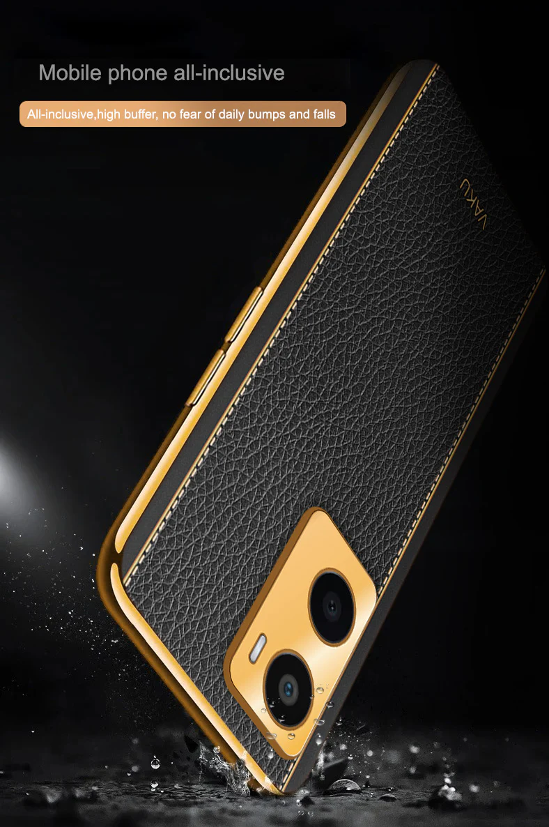 Vaku® Oppo A96 Luxemberg Series Leather Stitched Gold Electroplated Soft TPU Back Cover - Image 11