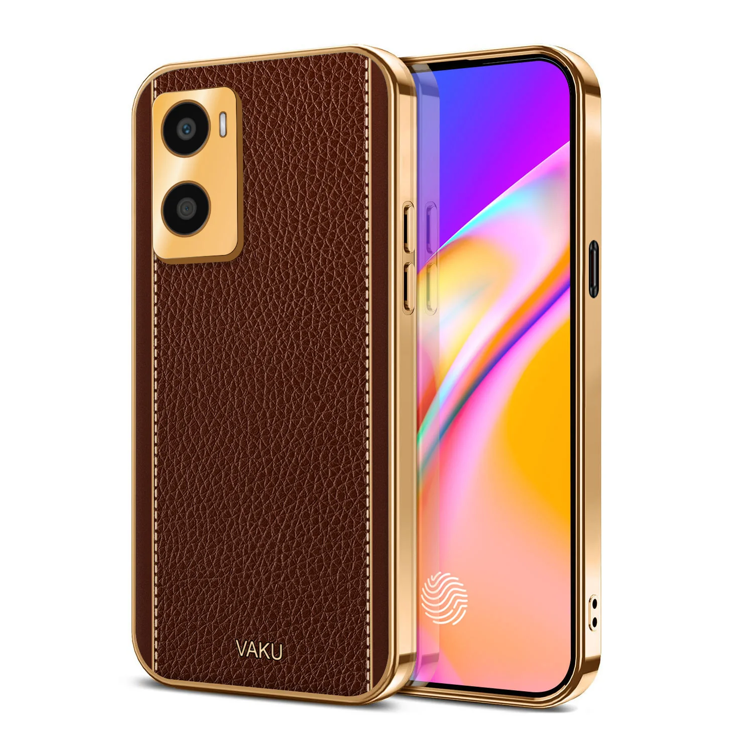 Vaku® Oppo A96 Luxemberg Series Leather Stitched Gold Electroplated Soft TPU Back Cover - Image 12