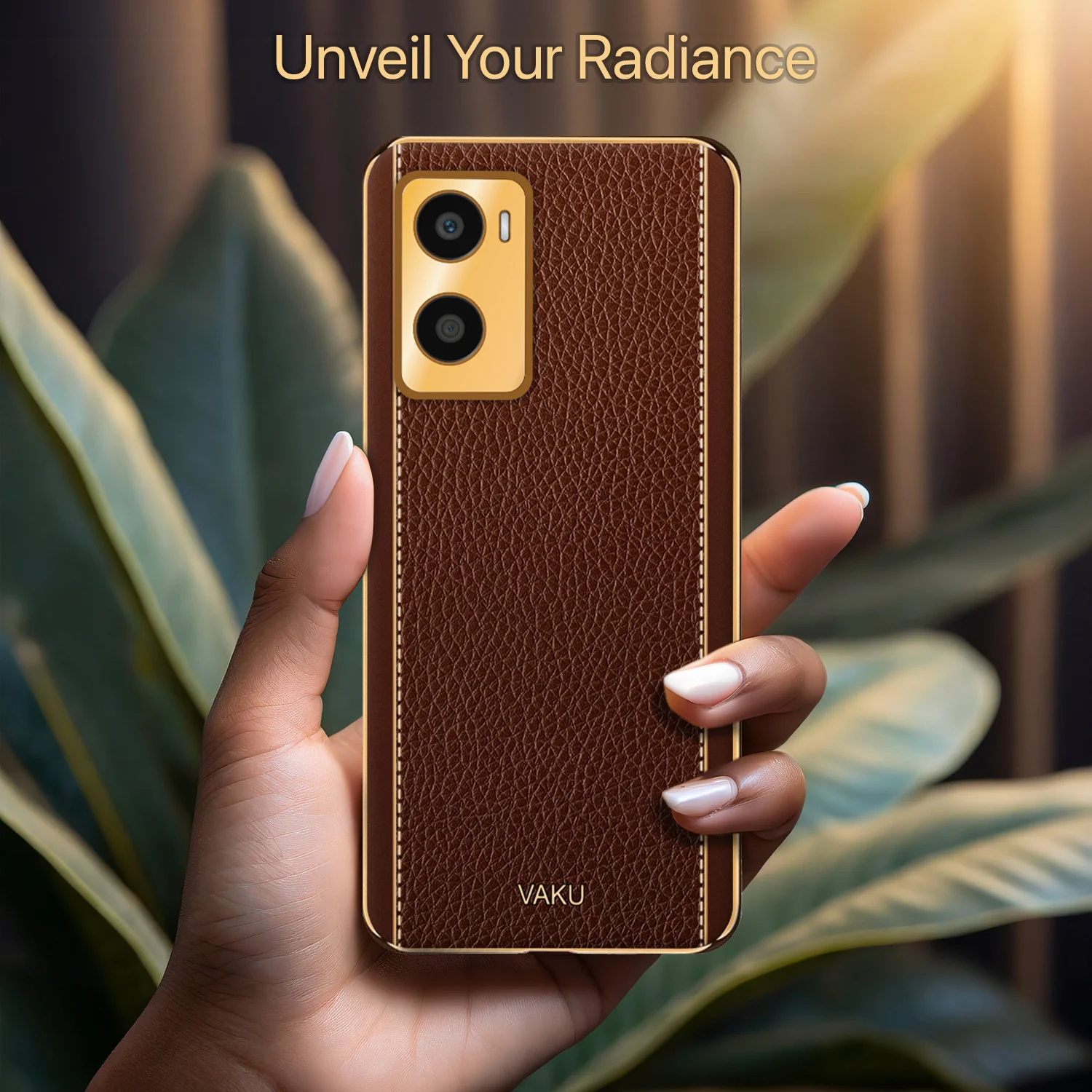 Vaku® Oppo A96 Luxemberg Series Leather Stitched Gold Electroplated Soft TPU Back Cover - Image 15