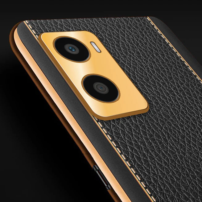 Vaku® Oppo A96 Luxemberg Series Leather Stitched Gold Electroplated Soft TPU Back Cover - Image 2
