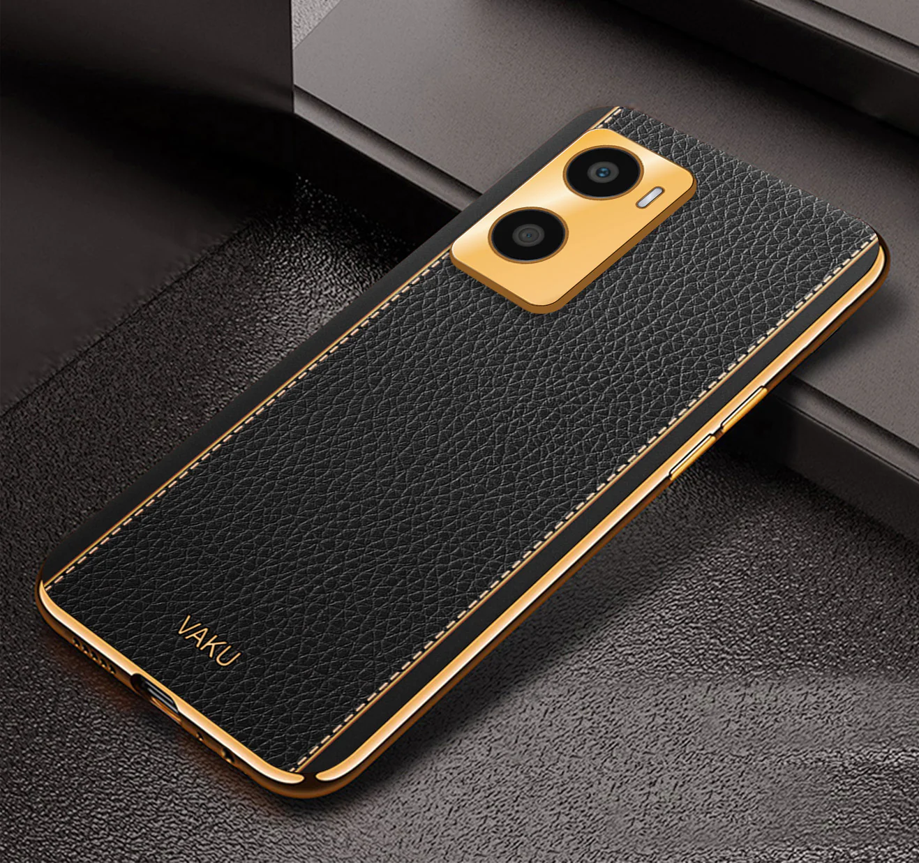 Vaku® Oppo A96 Luxemberg Series Leather Stitched Gold Electroplated Soft TPU Back Cover - Image 9