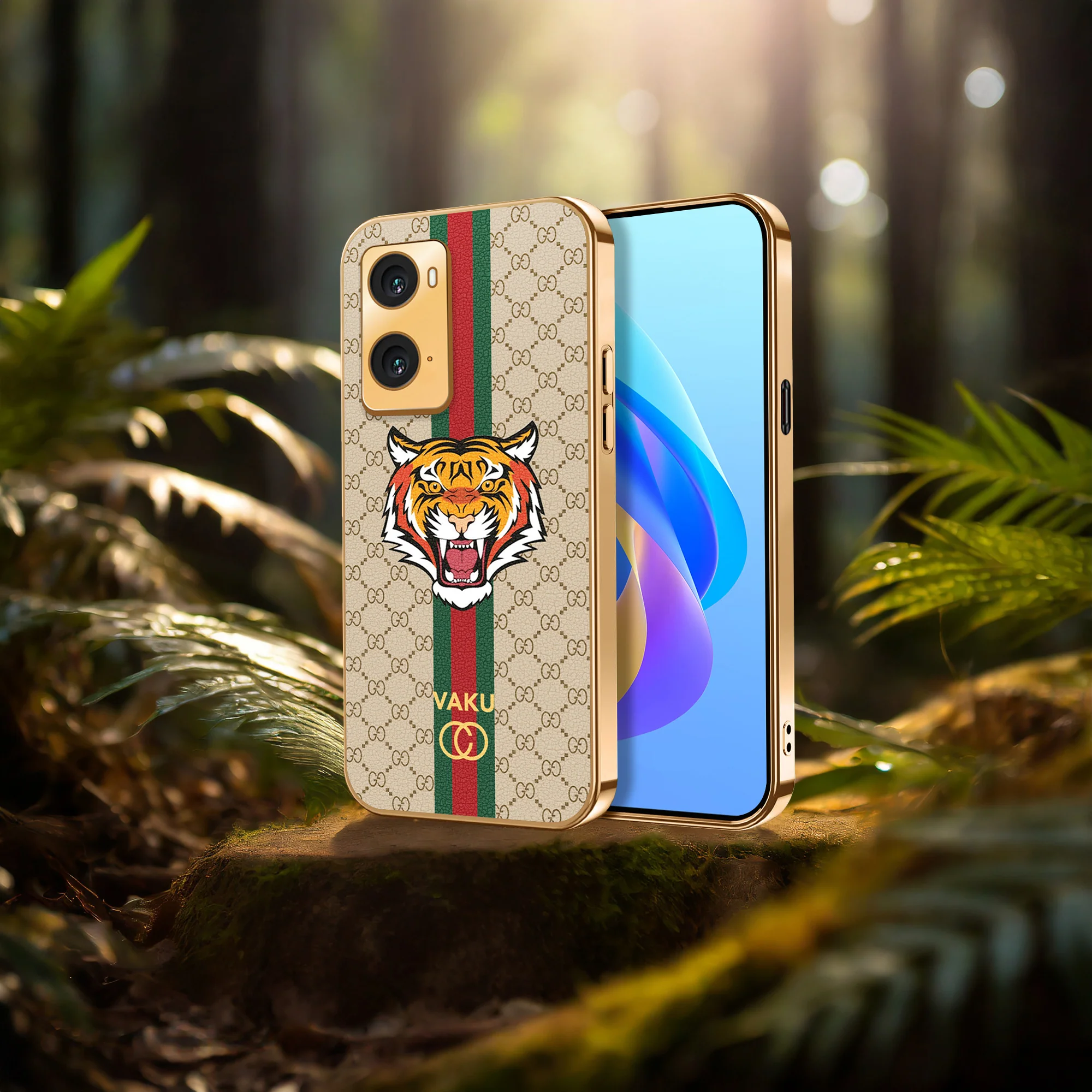 Vaku® Oppo A96 Lynx Designer Leather Pattern Gold Electroplated Soft TPU Back Cover Case - Image 7