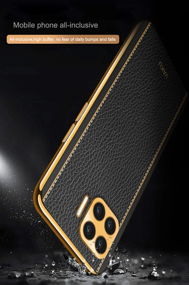 Vaku® Oppo F17 Pro Luxemberg Series Leather Stitched Gold Electroplated Soft TPU Back Cover - Image 12
