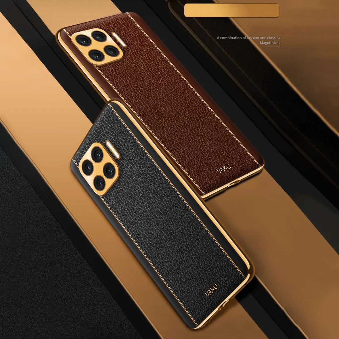 Vaku® Oppo F17 Pro Luxemberg Series Leather Stitched Gold Electroplated Soft TPU Back Cover - Image 15