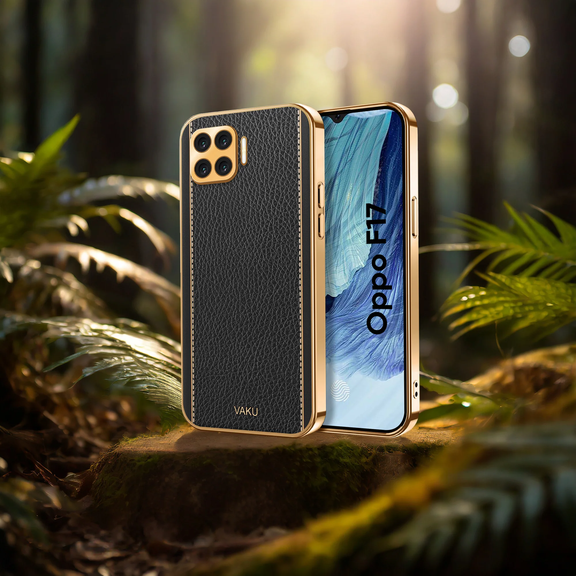 Vaku® Oppo F17 Pro Luxemberg Series Leather Stitched Gold Electroplated Soft TPU Back Cover - Image 6