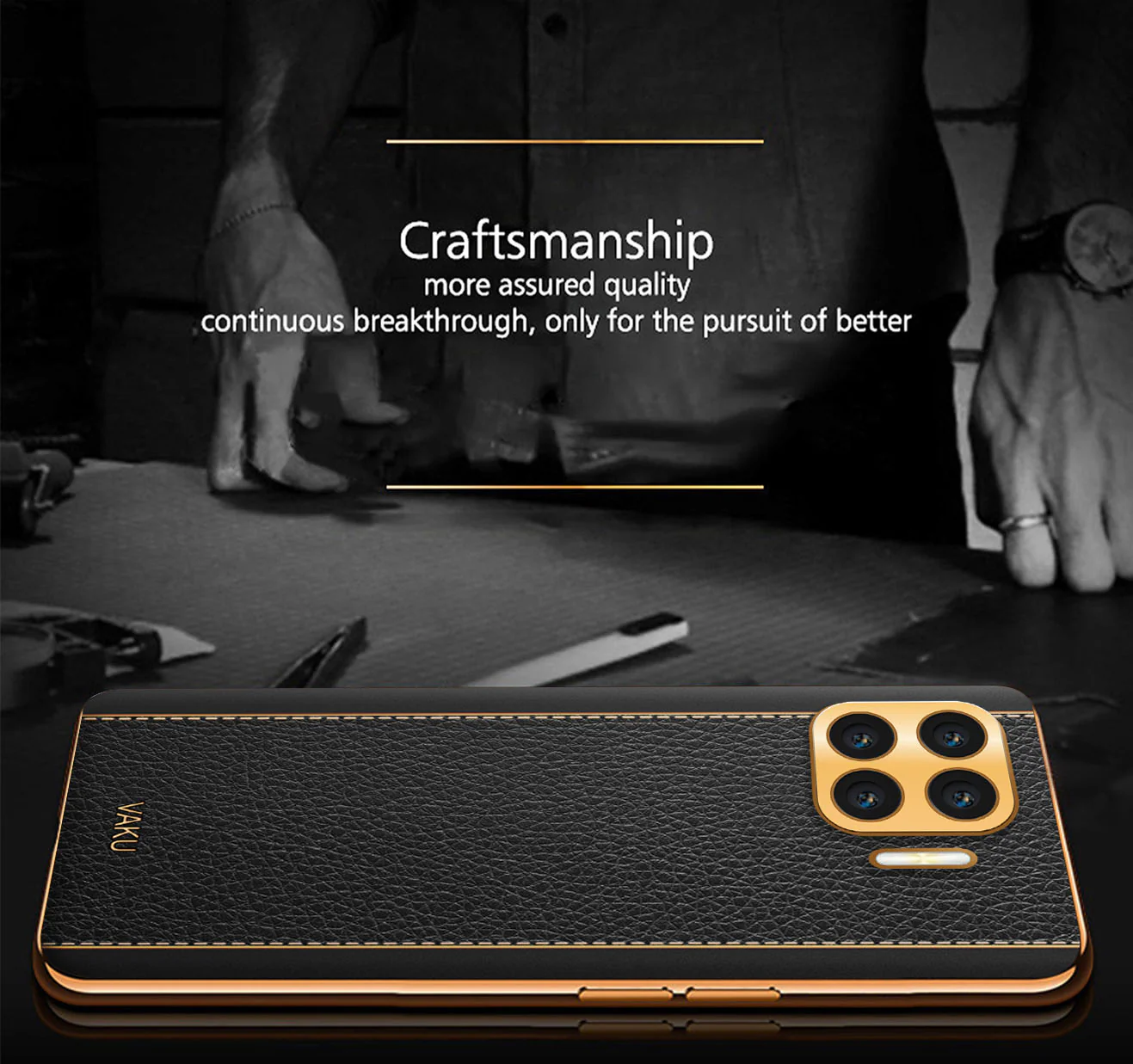 Vaku® Oppo F17 Pro Luxemberg Series Leather Stitched Gold Electroplated Soft TPU Back Cover - Image 7