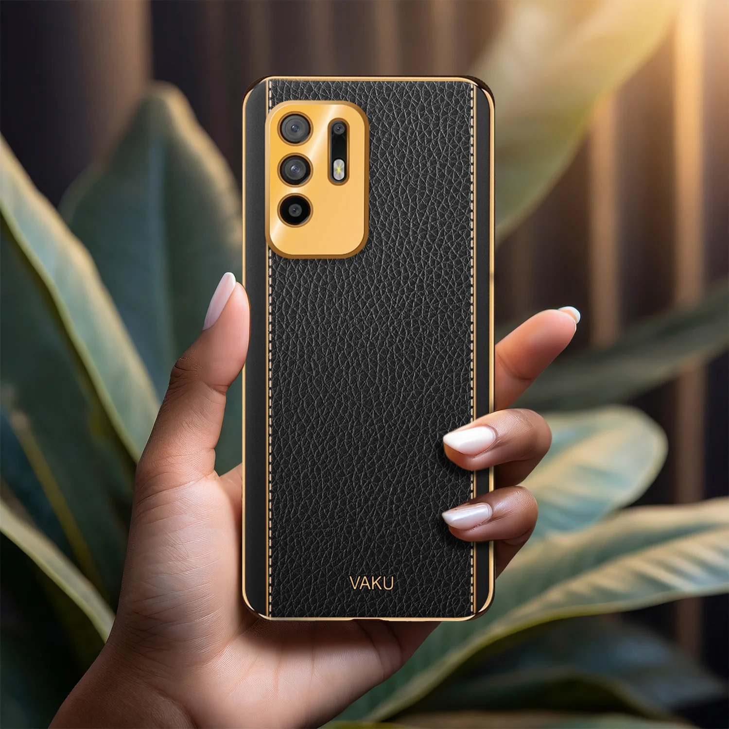 Vaku® Oppo F19 Pro Plus 5G Luxemberg Series Leather Stitched Gold Electroplated Soft TPU Back Cover - Image 11