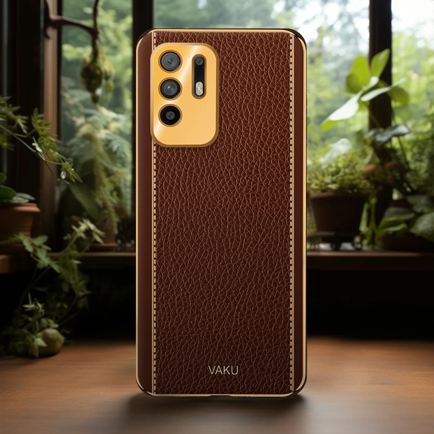 Vaku® Oppo F19 Pro Plus 5G Luxemberg Series Leather Stitched Gold Electroplated Soft TPU Back Cover - Image 12