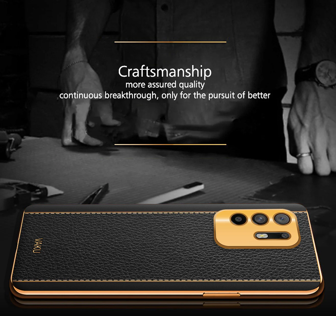 Vaku® Oppo F19 Pro Plus 5G Luxemberg Series Leather Stitched Gold Electroplated Soft TPU Back Cover - Image 14
