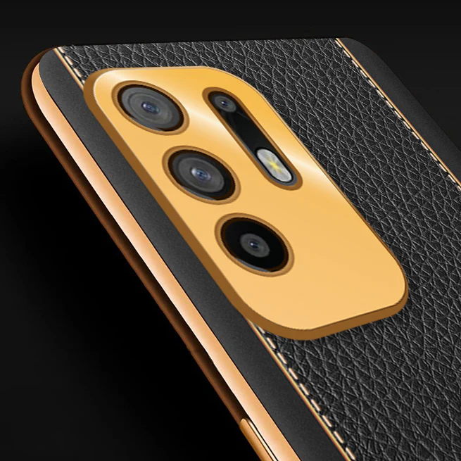 Vaku® Oppo F19 Pro Plus 5G Luxemberg Series Leather Stitched Gold Electroplated Soft TPU Back Cover - Image 2