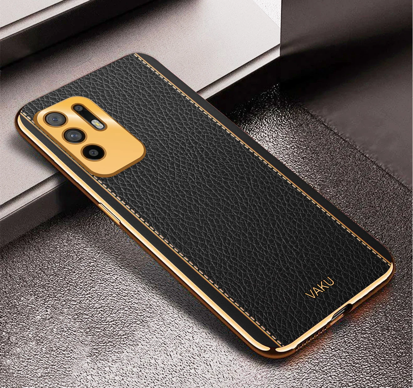 Vaku® Oppo F19 Pro Plus 5G Luxemberg Series Leather Stitched Gold Electroplated Soft TPU Back Cover - Image 4