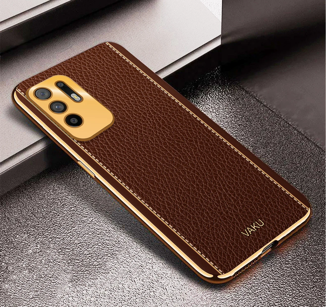Vaku® Oppo F19 Pro Plus 5G Luxemberg Series Leather Stitched Gold Electroplated Soft TPU Back Cover - Image 5