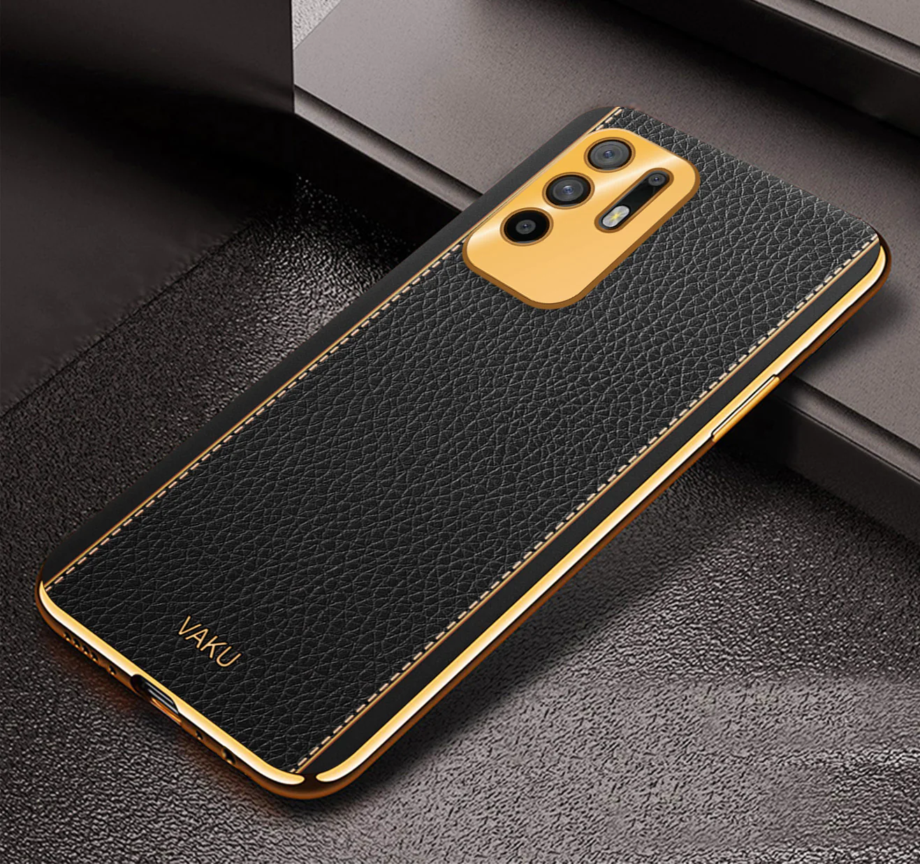 Vaku® Oppo F19 Pro Plus 5G Luxemberg Series Leather Stitched Gold Electroplated Soft TPU Back Cover - Image 6