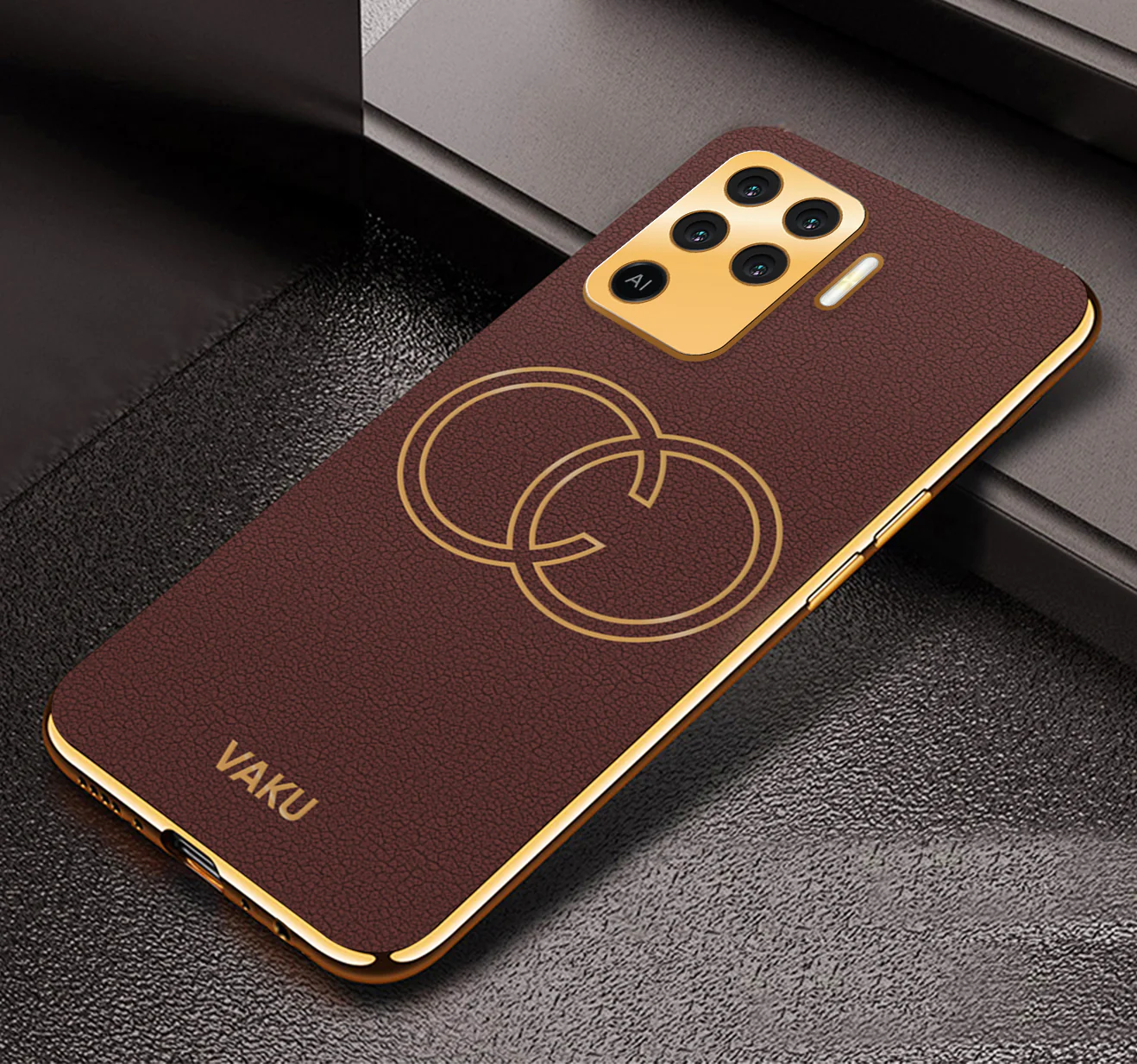 Vaku® Oppo F19 Pro Skylar Leather Pattern Gold Electroplated Soft TPU Back Cover - Image 3