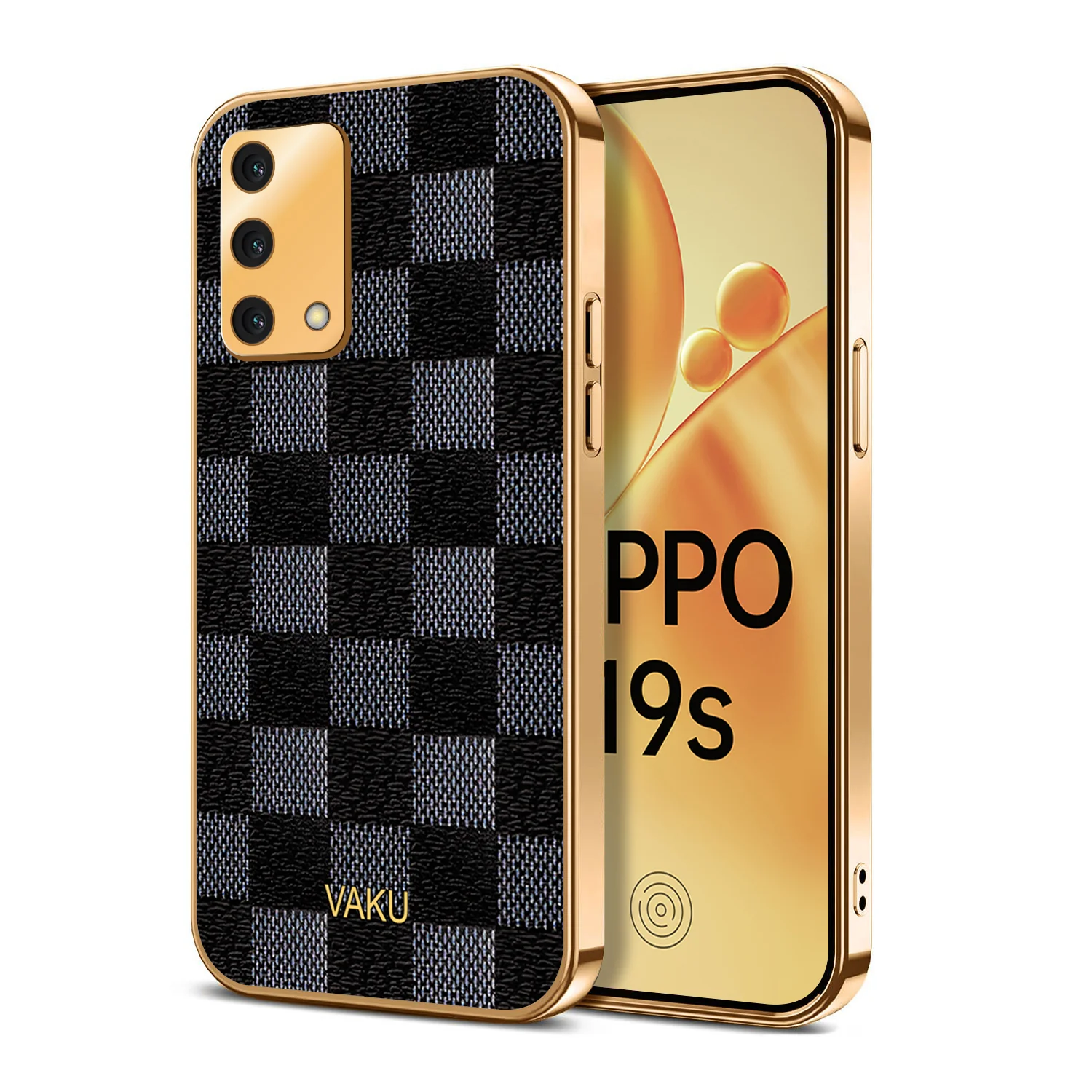 Vaku® Oppo F19s Cheron Series Leather Stitched Gold Electroplated Soft TPU Back Cover - Image 2