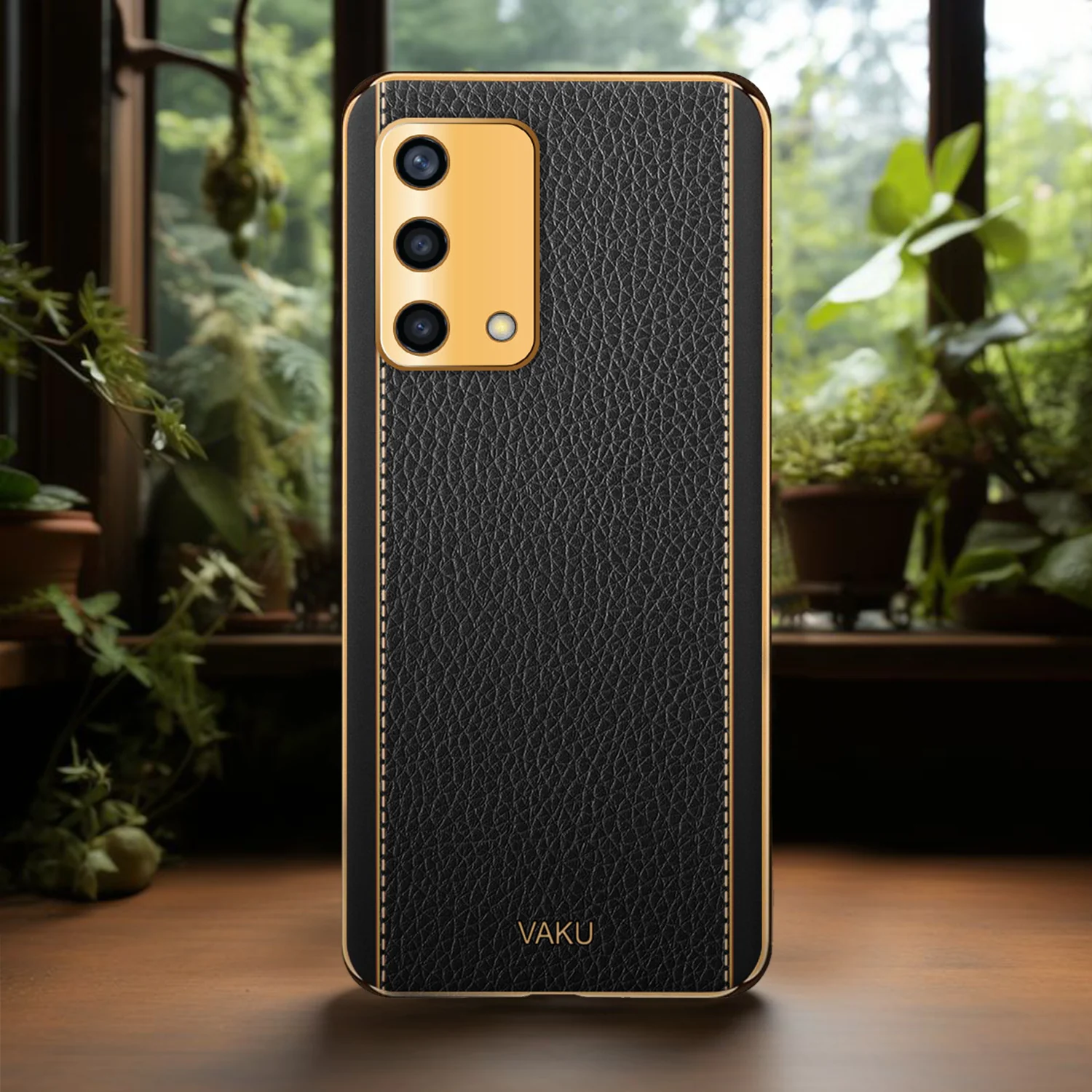 Vaku® Oppo F19s Luxemberg Series Leather Stitched Gold Electroplated Soft TPU Back Cover - Image 11