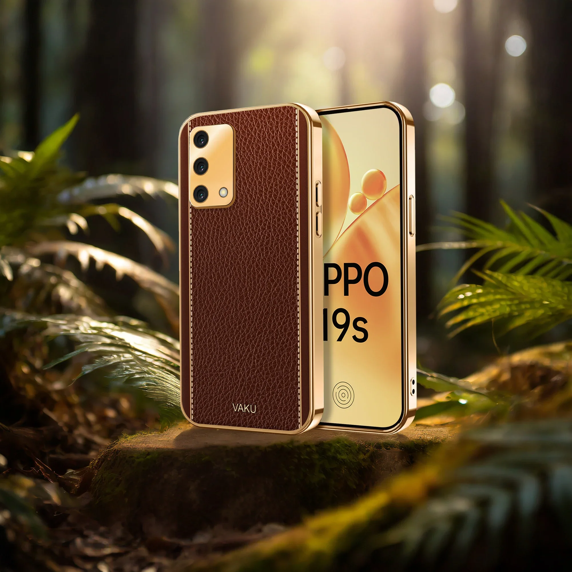 Vaku® Oppo F19s Luxemberg Series Leather Stitched Gold Electroplated Soft TPU Back Cover - Image 12