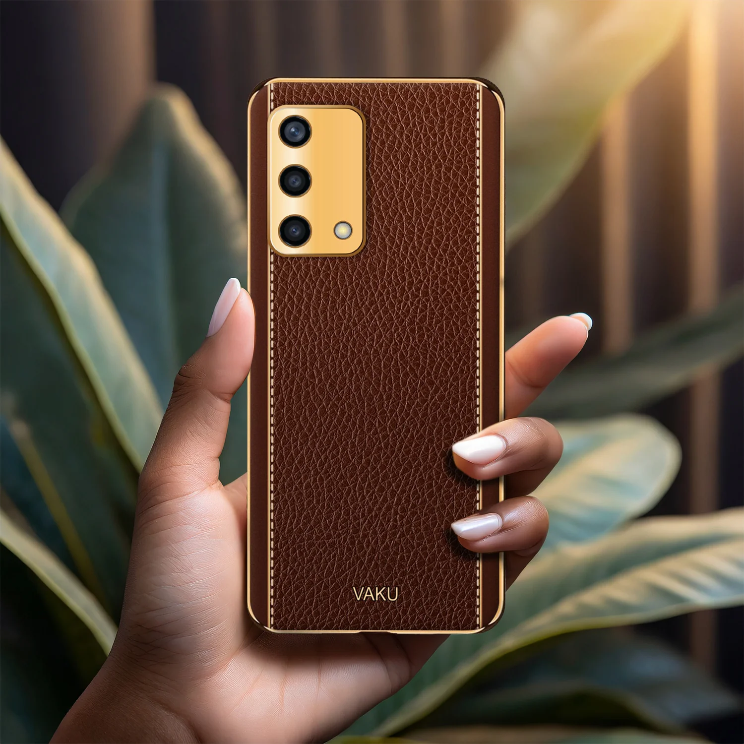 Vaku® Oppo F19s Luxemberg Series Leather Stitched Gold Electroplated Soft TPU Back Cover - Image 13