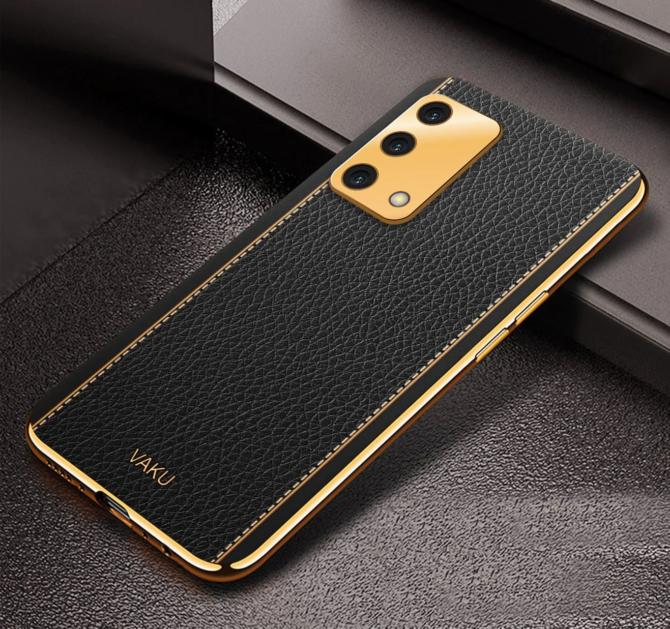 Vaku® Oppo F19s Luxemberg Series Leather Stitched Gold Electroplated Soft TPU Back Cover - Image 3