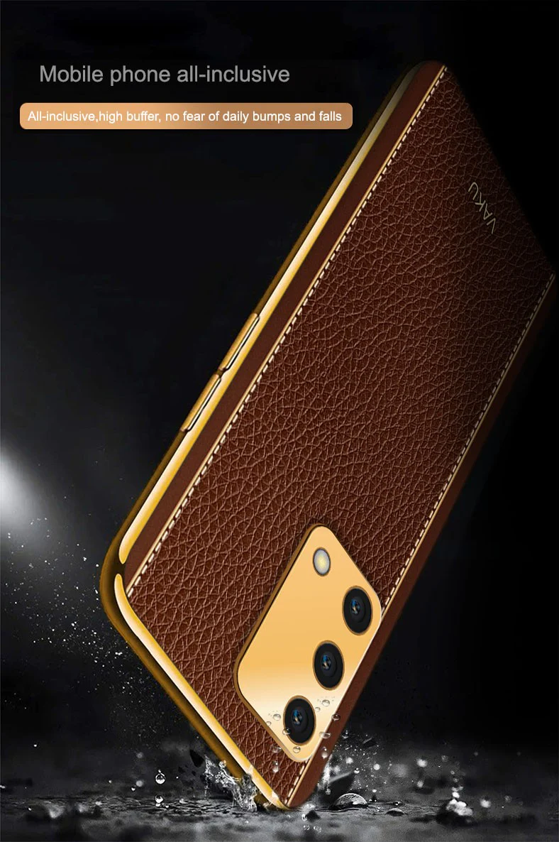 Vaku® Oppo F19s Luxemberg Series Leather Stitched Gold Electroplated Soft TPU Back Cover - Image 5