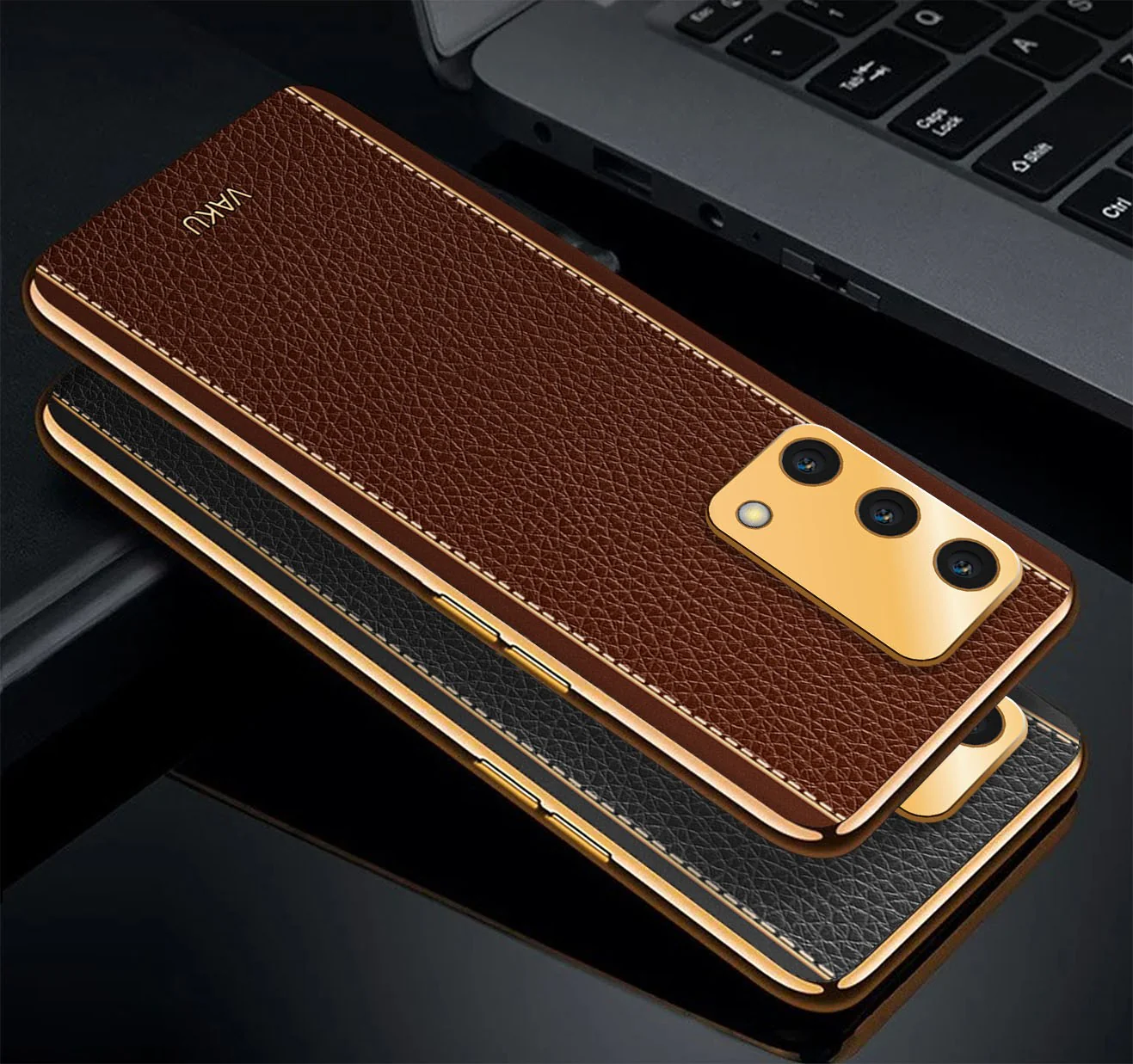 Vaku® Oppo F19s Luxemberg Series Leather Stitched Gold Electroplated Soft TPU Back Cover - Image 7