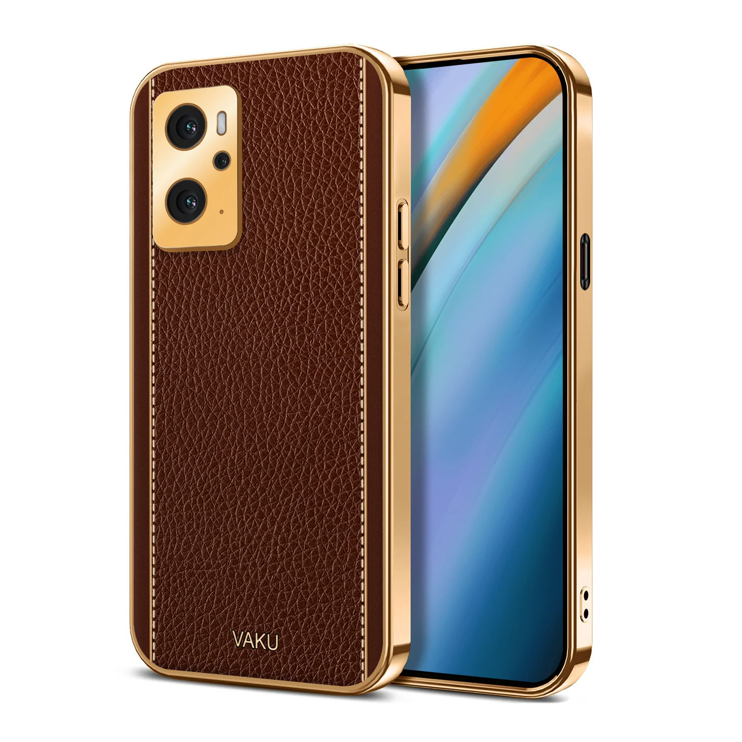 Vaku® Oppo K10 4G Luxemberg Series Leather Stitched Gold Electroplated Soft TPU Back Cover - Image 11