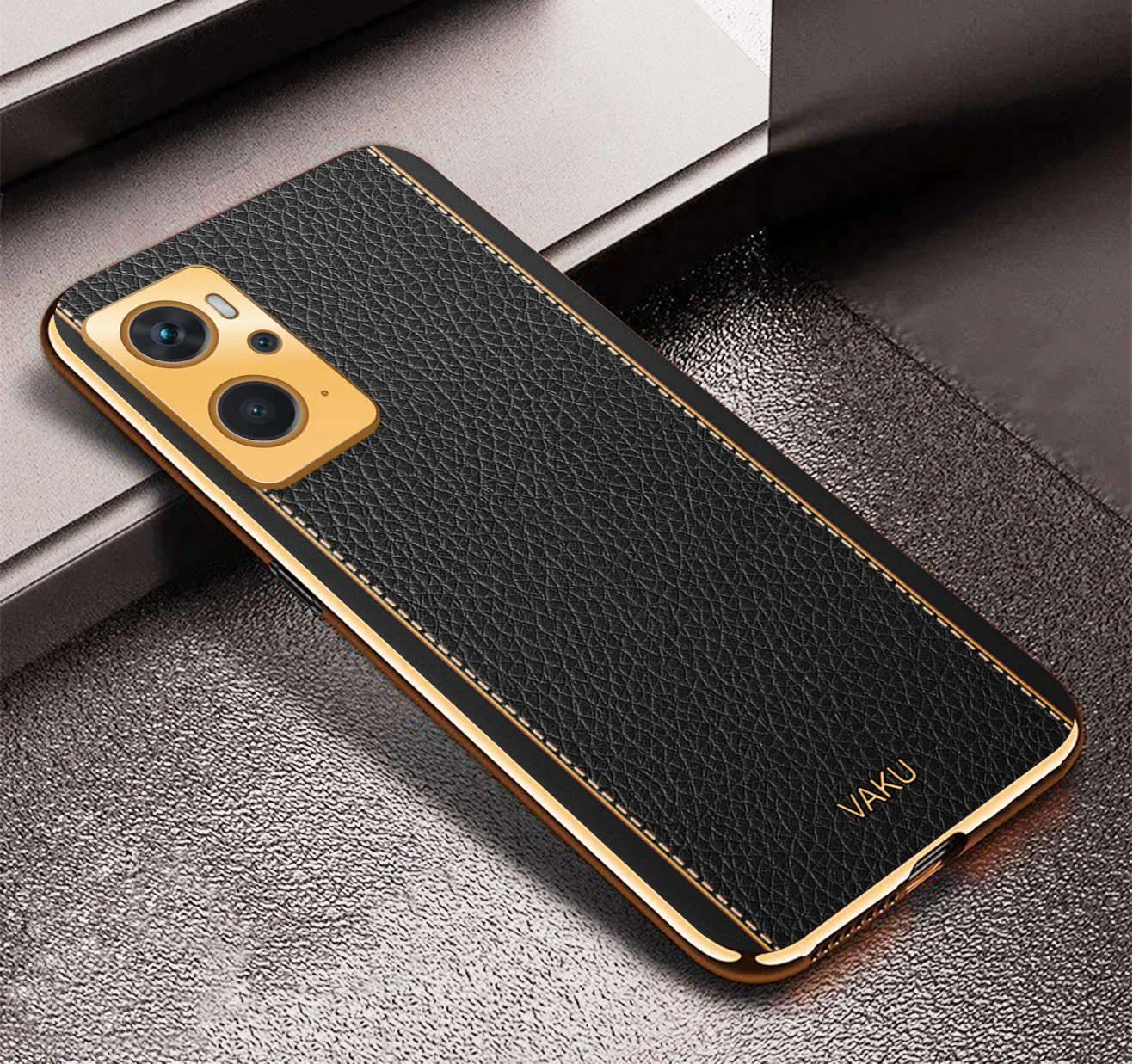 Vaku® Oppo K10 4G Luxemberg Series Leather Stitched Gold Electroplated Soft TPU Back Cover - Image 5