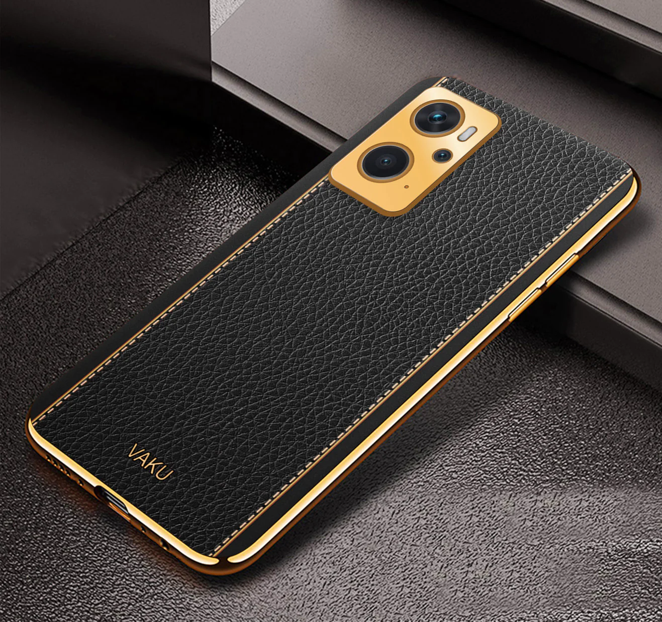 Vaku® Oppo K10 4G Luxemberg Series Leather Stitched Gold Electroplated Soft TPU Back Cover - Image 6