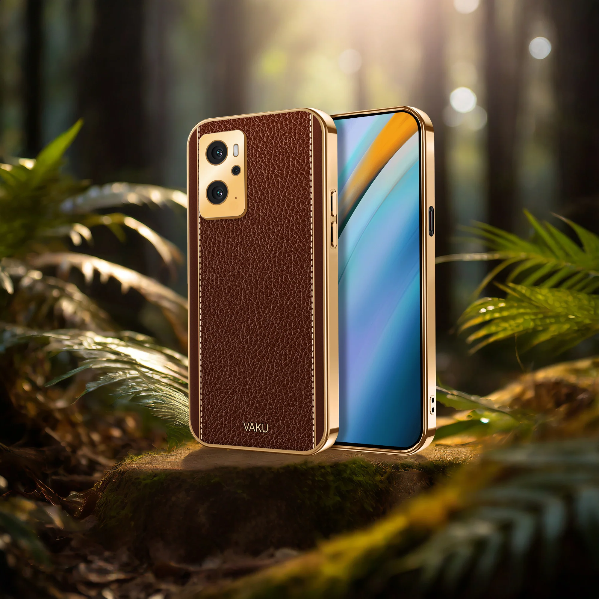 Vaku® Oppo K10 4G Luxemberg Series Leather Stitched Gold Electroplated Soft TPU Back Cover - Image 7