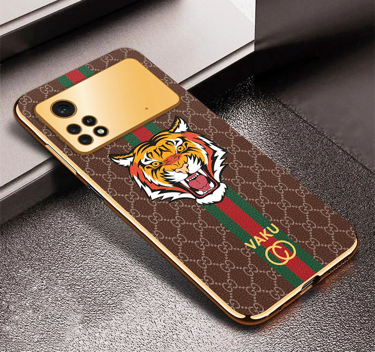 Vaku ® Xiaomi Poco M4 Pro Lynx Designer Leather Pattern Gold Electroplated Soft TPU Back Cover Case - Image 11