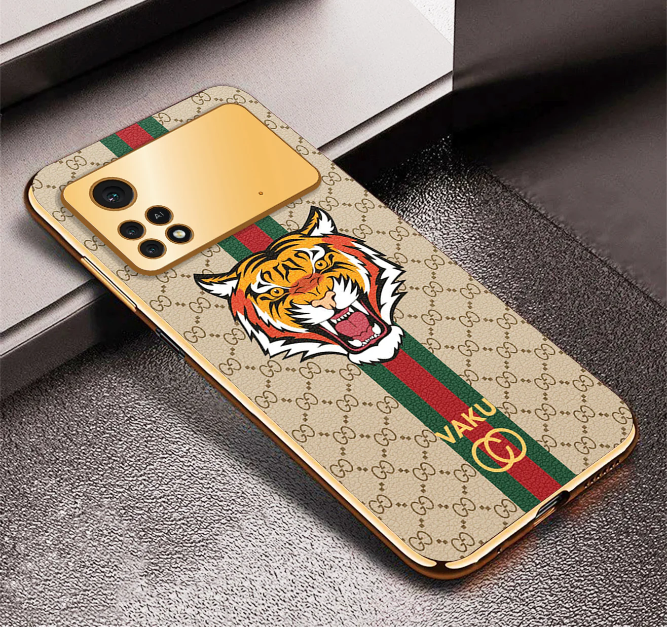 Vaku ® Xiaomi Poco M4 Pro Lynx Designer Leather Pattern Gold Electroplated Soft TPU Back Cover Case - Image 5