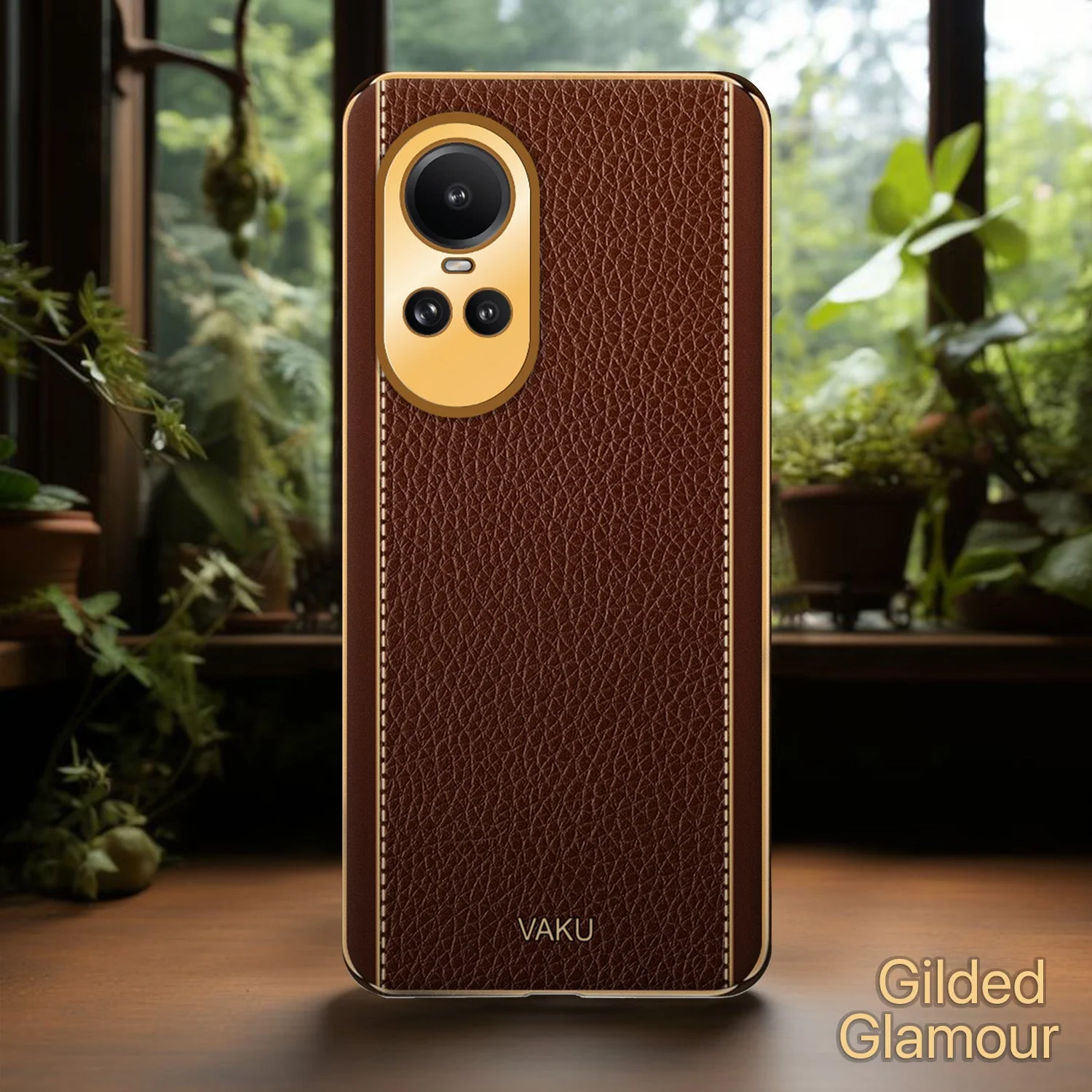 Vaku® Oppo Reno10 5G Luxemberg Leather Pattern Gold Electroplated Soft TPU Back Cover - Image 15